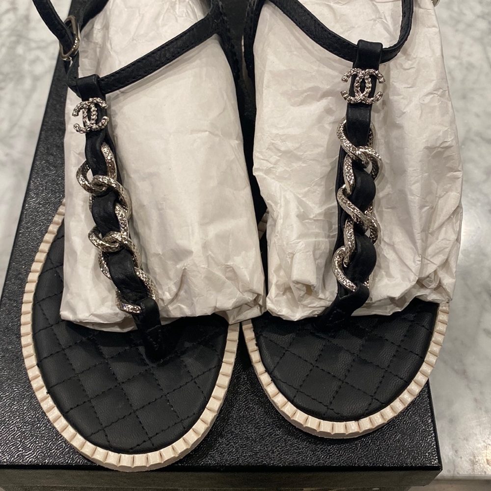Chanel Black Thongs with Silver chain details